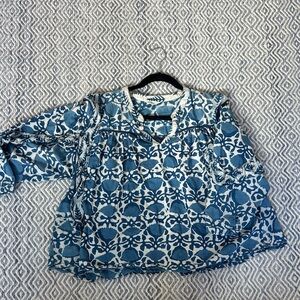 Women's Blue Patterned V-Notch Long-Sleeve Blouse